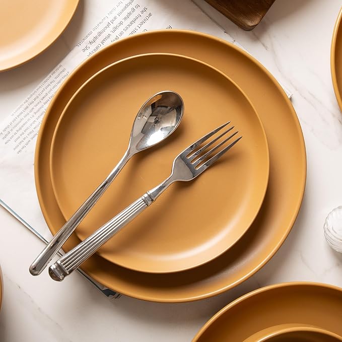 12-Piece Stoneware Dinnerware Set with Mugs | Microwave and Dishwasher Friendly | Stackable Matte Glaze Plates &amp Bowls | Service for 3 (Orange for 4)