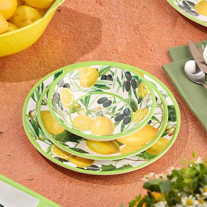 Limone 12-Piece Melamine Dinnerware Set - Citrus-Inspired Service for 4 Durable Shatterproof Dishwasher-Safe Plates and Bowls for Everyday Dining Outdoor Use and Entertaining
