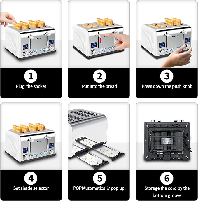 Toaster 4 Slice KitchMix Bagel Stainless Toaster with LCD Timer Extra Wide Slots Dual Screen Removal Crumb Tray (White)