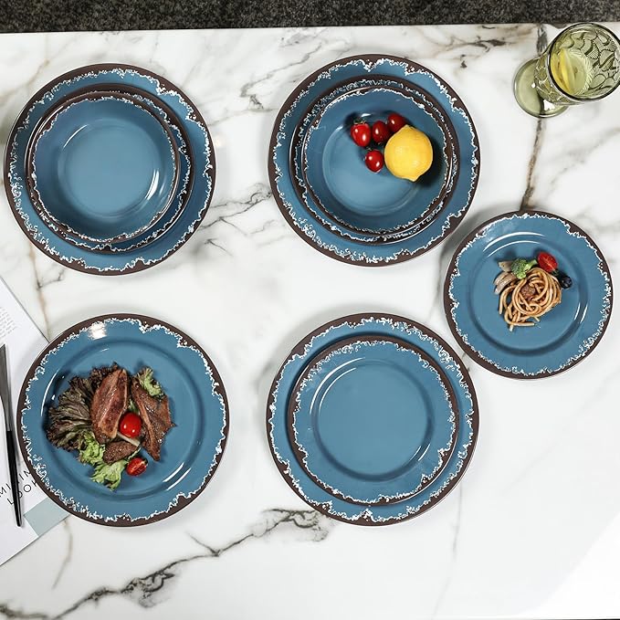Melamine Dinnerware Set - Yinshine 12-Piece Dishes SetShatterproof Plates and Bowls Sets LightweightUnbreakableDishwasher SafeBlue