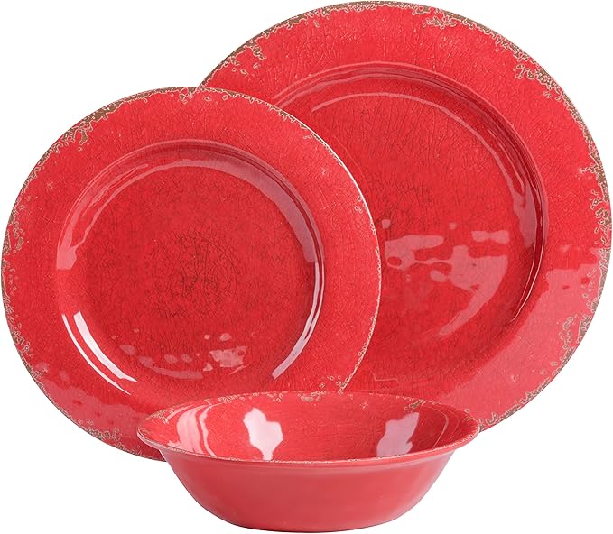 Gibson Home Mauna Melamine Plastic Dinnerware Set Service for 4 (12pcs) Red Rustic (Pack of 2)