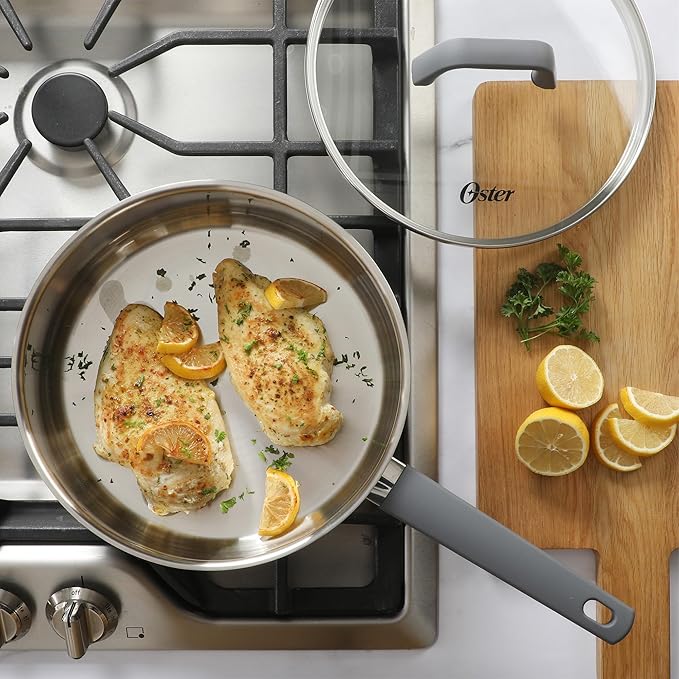 Oster Beauford 9-Piece Stainless Steel 5-Ply Encapsulated Base Cookware Set – Non-Toxic Induction Compatible Pots and Pans with Stay-Cool Handles – Dishwasher Safe
