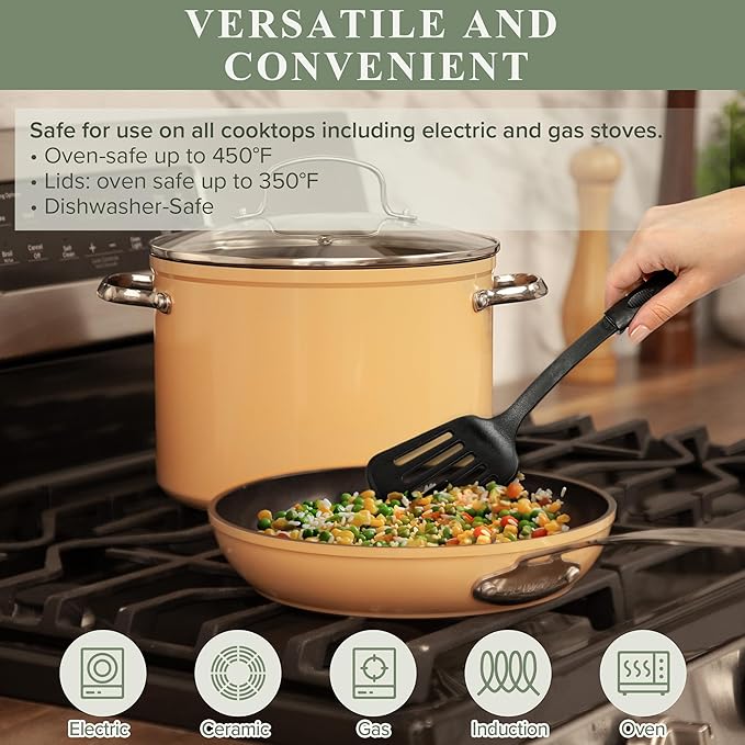 Nuwave Healthy Duralon Blue Ceramic Nonstick Cookware Set Diamond Infused Scratch-Resistant PFAS Free Dishwasher &amp Oven Safe Induction Ready &amp Evenly Heats Tempered Glass Lids &amp Stay-