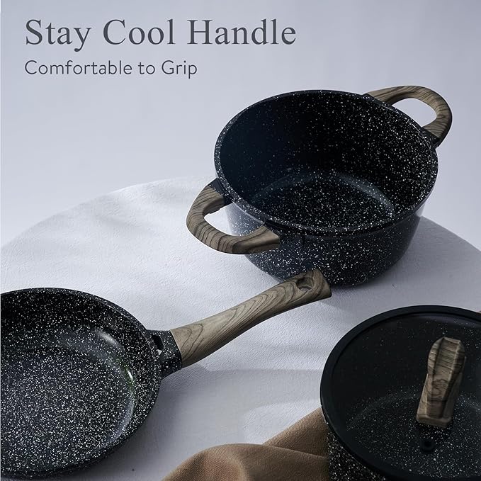 Ceramic Cookware Set 22 Piece Nonstick Pots and Pans Set Non Stick Kitchen Cooking Sets 8Frying Pans with LidBlack Granite Non-Toxic Induction Kitchen Cookware w/Glass Lids PFOS/PFOA-Free
