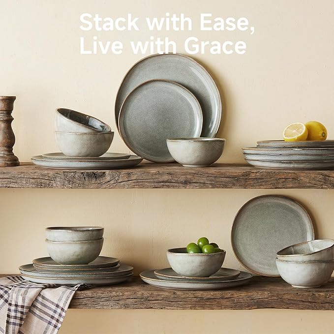 KINGSTONE Stoneware Dinnerware Sets 18-Piece Reactive Glaze Porcelain Plates and Bowls Sets for 6 Handcrafted Rustic Ceramic Dishes Set Highly Scratch Resistant Dishwasher &amp Microwave Safe Gr