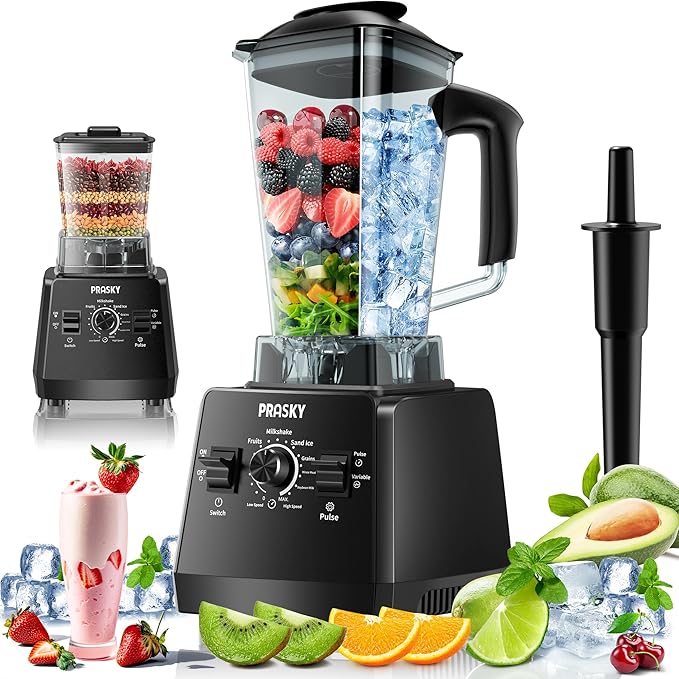 Professional BlenderSmoothies Blenders PRASKY Max.2400Watts/1000Watts Blender and Grinder Combo 25000RPM Powerful Kitchen 68oz BPA Free 2 Containers Countertop Blenders Ice Crushing Juice（Black ）