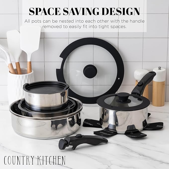 Country Kitchen Cookware Set with Removable Handle Oven &amp RV Safe Pots and Pans Set Stainless Steel Original
