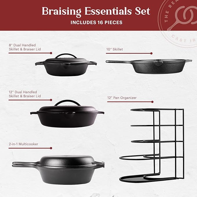 Cuisinel Cast Iron 16-Piece Pre-Seasoned Cookware Set - 8 + 12 Braiser Pans + Cast Iron Lids + 10 Skillet + 2-in-1 Multi-Cooker + 12 Organizer + Scraper + Silicone Handle Covers - Fire Oven Safe