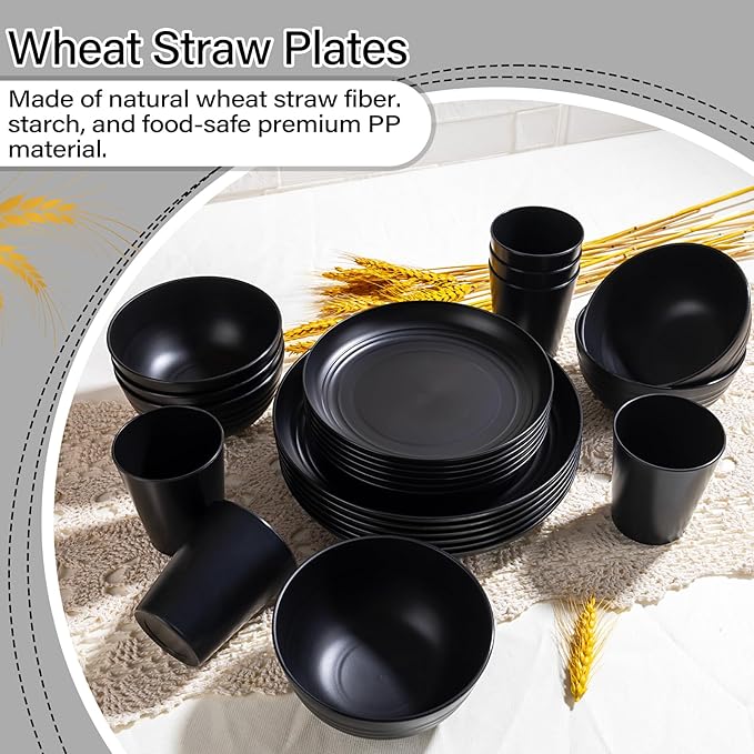 LIYH 24 Pcs Black Wheat Straw Dinnerware Sets Unbreakable Plates and Bowls Set Plastic Dinnerware Set Include Wheat Straw Plates Bowls Cups Dishes for Kitchen&amp Camping
