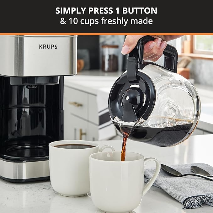 KRUPS Coffee Maker 10 Cups Simply Brew Stainless Steel Drip Coffee Maker900 Watts-Coffee FilterDrip FreeDishwasher Safe PotBlack &amp Silver(Pack of 2)