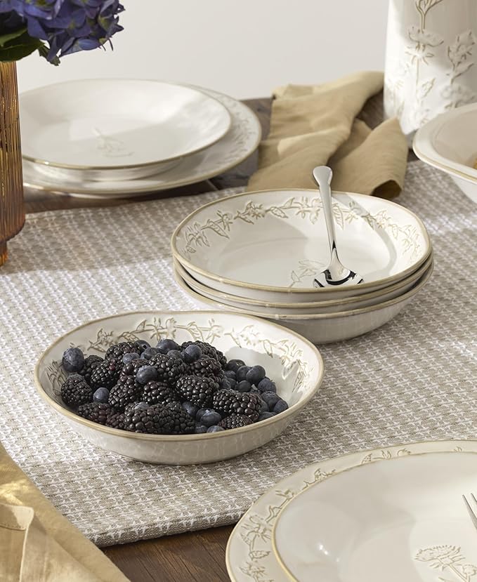 Lenox Dinnerware Set Homespun 16-Piece Set Service For 4 Stoneware Material Dishwasher &amp Microwave Safe Home And Kitchen Dishes Kitchen And Dining Plates And Bowls Sets (White 16 Pieces)