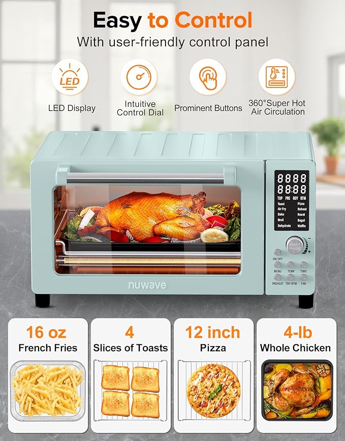 Nuwave Bravo Pro Smart Air Fryer Toaster Oven Combo Airfryer Convection Oven Countertop 10-in-1 Functions with Quicker &amp Even Crisp Technology 1800W 50-450°F PFAS-Free 21QT Mint