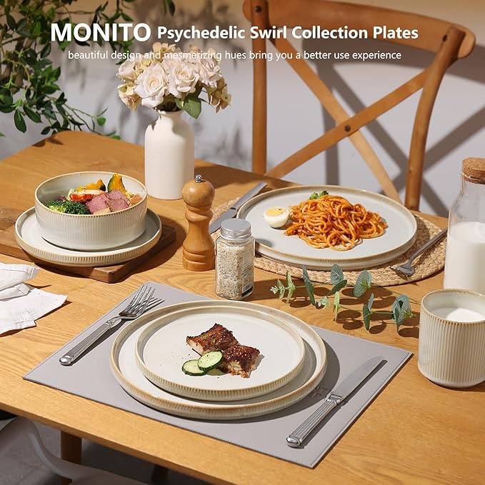 MONITO Ceramic Dinnerware 16 Pieces Dinner Set10.7in Stoneware Plates and Bowls Sets Highly Chip and Crack Resistant | Dishwasher &amp Microwave Dishes setGift Bonbon Beige
