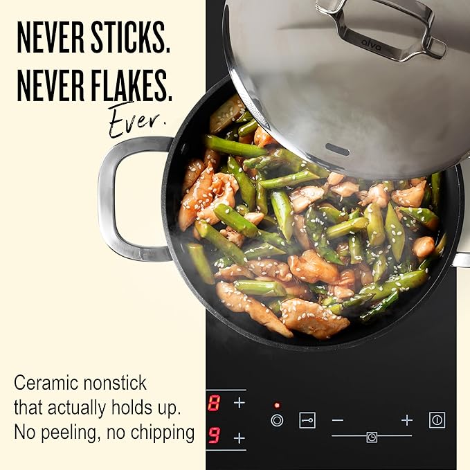 Alva Maestro 3.5-Qt Nonstick Ceramic Sauté Pan with Lid – Black | No PTFE PFOA or PFAS | Induction &amp Oven Safe | Even-Heating Easy-Clean Everyday Pan for Searing &amp One-Pan Meals