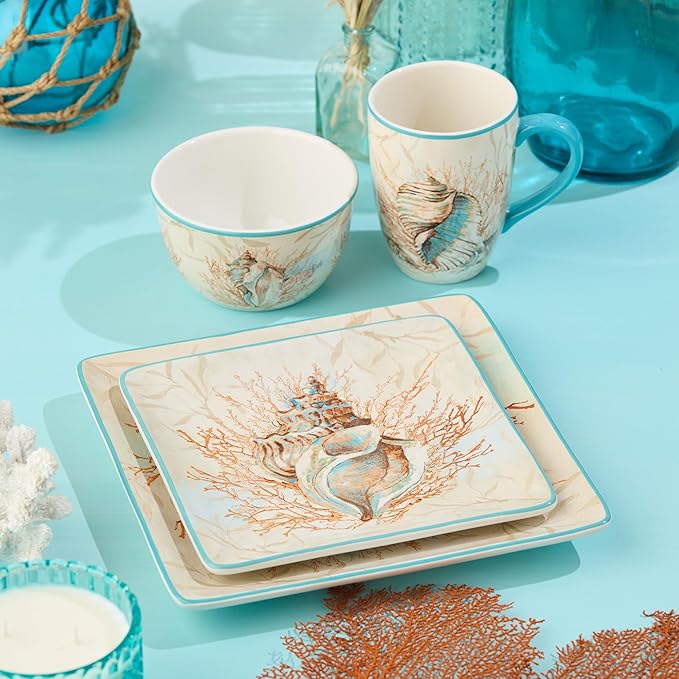 Escape to the Sea 16-Piece Dinnerware Set Coastal Shell &amp Coral Design Aquatic Hues Durable Ceramic Microwave &amp Dishwasher Safe Elegant Nautical Dining Décor