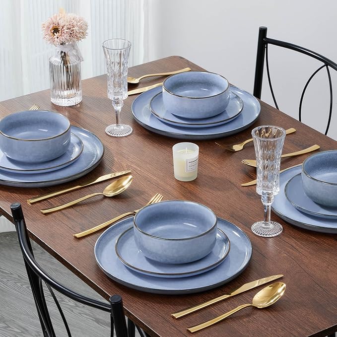 E-far 6-Piece Reactive Glaze Dinnerware Sets Ceramic Dishes Set for 2 Stoneware Plates and Bowls Dinning Ware Microwave &amp Dishwasher Safe - Ocean Blue