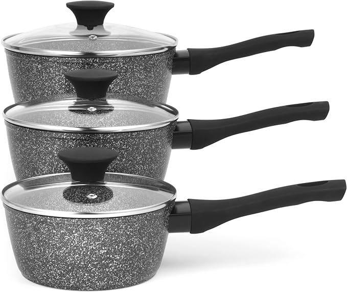 Salter BW05751S Megastone 3 Piece Pan Set - Non-Stick Cooking Pots Induction Hob Suitable 16/18/20 cm Saucepans Durable Forged Aluminium Cookware Includes Tempered Glass Lids Dishwasher Safe