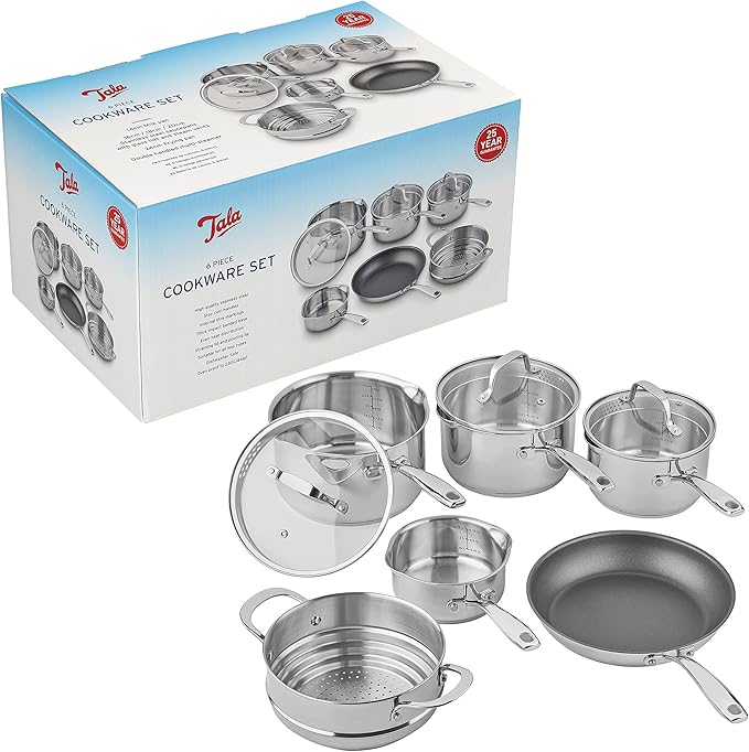 Tala 6 Piece Stainless Steel Cookware Set - Non-Stick Frying Pan 4 Multifunctional Cooking Pots with Tempered Glass Lids &amp Steamer - Dishwasher Safe Scratch Resistant - Suitable for All Stoves