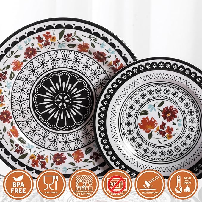 12-Piece Melamine Dinnerware Sets Unbreakable Dinner Dishes Set for Indoor and Outdoor Use Dishwasher Safe Lightweight Dinner Service for 4 Black and White