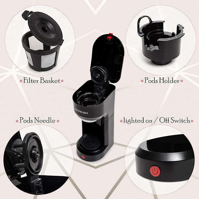 Mixpresso 2-in-1 Coffee Maker – Single Serve &amp Ground Coffee Brewer Compact Personal Coffee Machine for Pods &amp Loose Grounds Quick Brew 14 oz Portable Small Coffee Maker Black