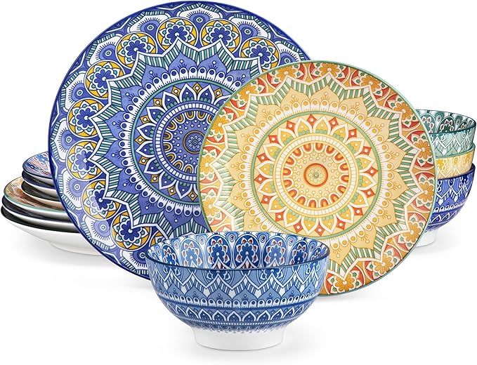 vancasso Mandala 12 Pieces Dinnerware Sets Porcelain Dinner Set for 4 Boho Plates and Bowls Set Colorful Dish Sets
