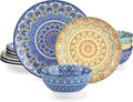 vancasso Mandala 12 Pieces Dinnerware Sets Porcelain Dinner Set for 4 Boho Plates and Bowls Set Colorful Dish Sets