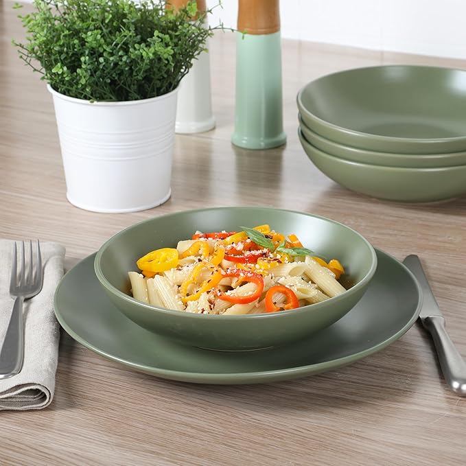 Gibson Home Queenslane 16-Piece Matte Green Stoneware Dinnerware Set – Double Bowl Plates and Bowls Durable Kitchen Dinner Set