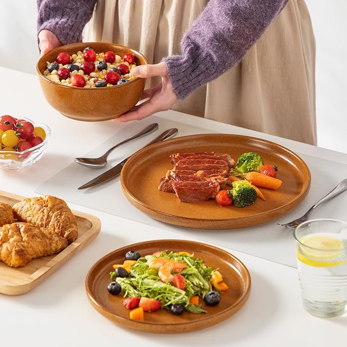 vancasso ZERMATT Dinnerware Set for 8 24 Pieces Plates and Bowls Sets for Kitchen Stoneware Dish Set with Scratch Resistant Dishwasher &amp Microwave Safe Yellow