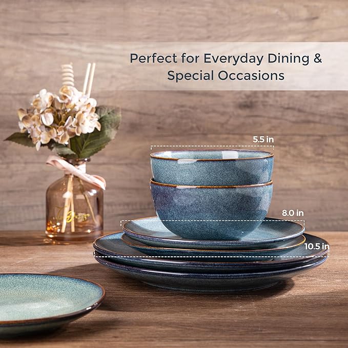 AmorArc Ceramic Dinnerware Sets for 6 18 Pieces Handpainted Plates and Bowls Set Scratch Resistant Stoneware Dishes Set Dishwasher &amp Microwave Safe Ceylon Blue