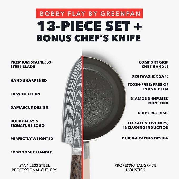 GreenPan x Bobby Flay 13 Piece Cookware Pots and Pans Set and 8 Chef's Knife. PFAS &amp PFOA-Free Ceramic Nonstick Induction Suitable Stay-Cool Silicone Handle Dishwasher &amp Oven Safe Cream
