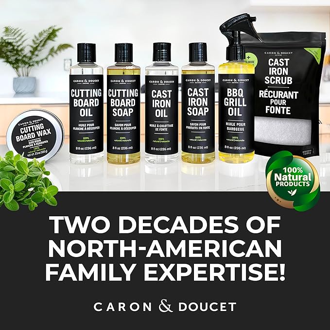 CARON &amp DOUCET – Ultimate Cast Iron Set PLUS: Seasoning Oil Cleaning Soap &amp Restoring Scrub | 100% Plant-Based &amp Best for Cleaning Care Washing Restoring &amp Seasoning Skillets Pans