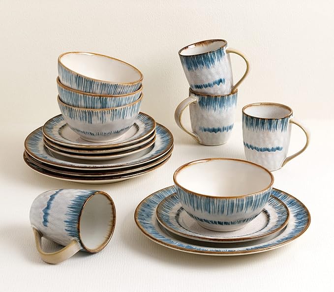 Elegant and Modern Stoneware Scroll Dinnerware Set for Hosting Parties and Events - Blue Swirl 16 Piece