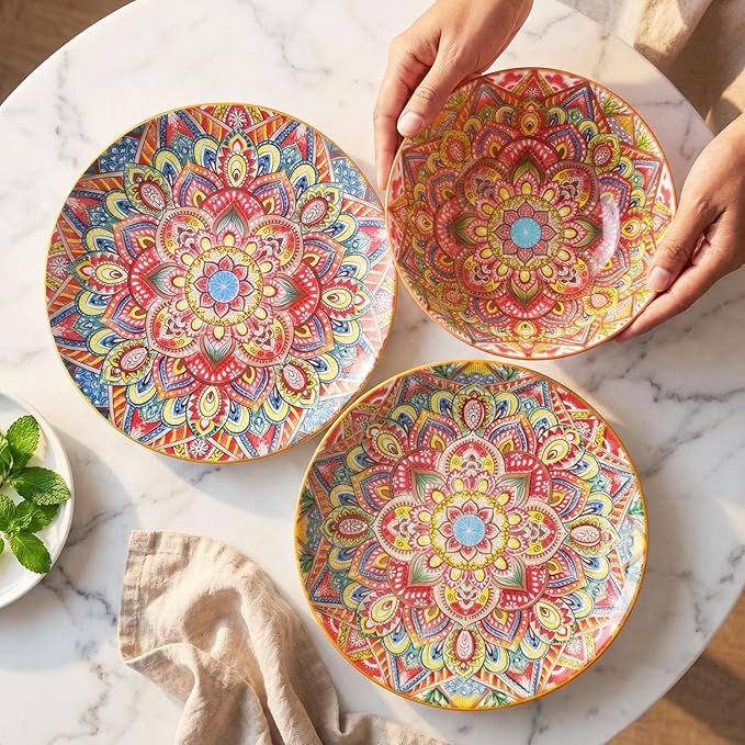 YA JU Mandala Dinnerware Sets (12 Pcs) Serves 4 Buffet Dinnerware Boho Plates and Bowls Dish Set with 8 salad Plate 8 Dessert Plate 4.8 bowl apply Casual dining Indoor Outdoor Dining Party