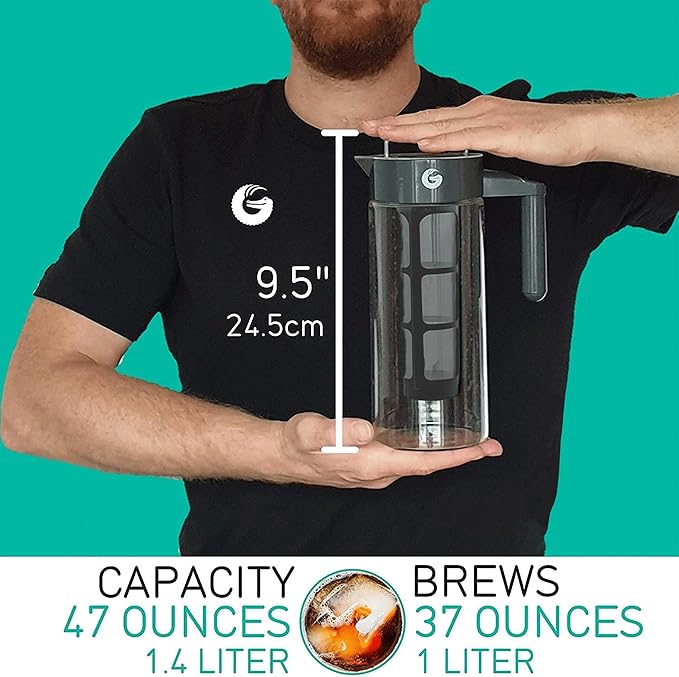 Coffee Gator Cold Brew Coffee Maker - 47 oz Iced Tea and Iced Coffee Maker and Pitcher with Borosilicate Glass Carafe Filter - Black