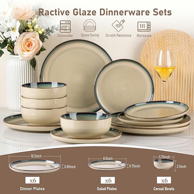 GBHOME Ceramic Dinnerware Sets for 6 18 Pieces Stoneware Plates and Bowls Sets Reactive Glaze Dishes -Scratch Resistant Dishwasher&ampMicrowave SafePale Khaki