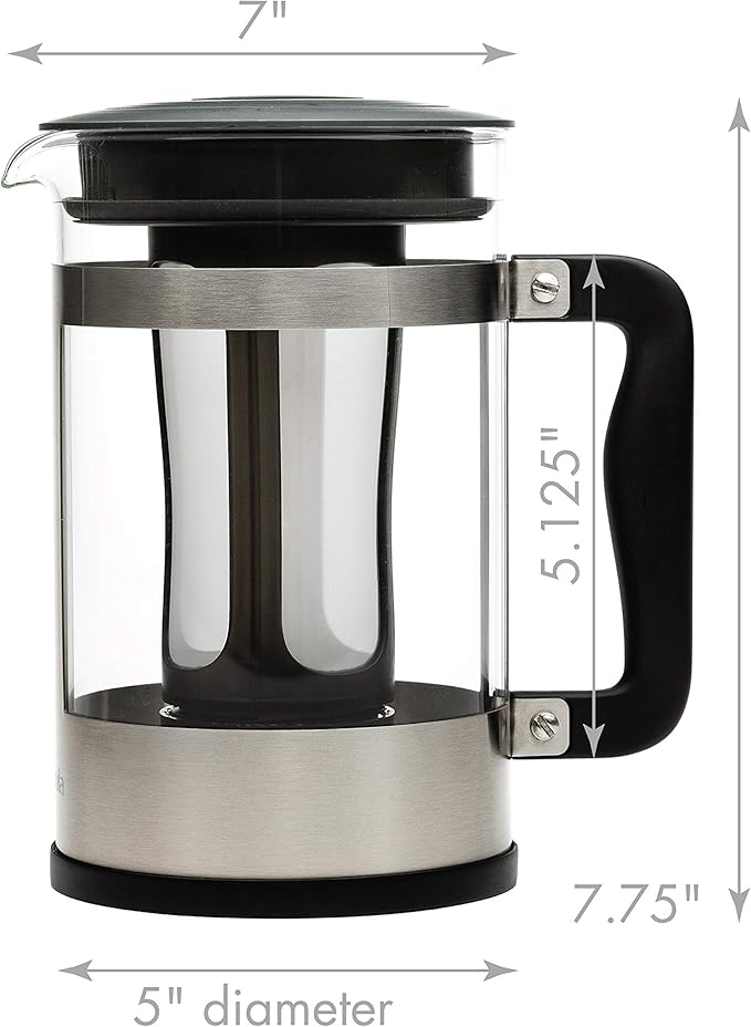 Primula Kedzie Deluxe Cold Brew Iced Coffee Maker Comfort Grip Handle Durable Glass Carafe Removable Mesh Filter 6 Cup Brushed Stainless Steel