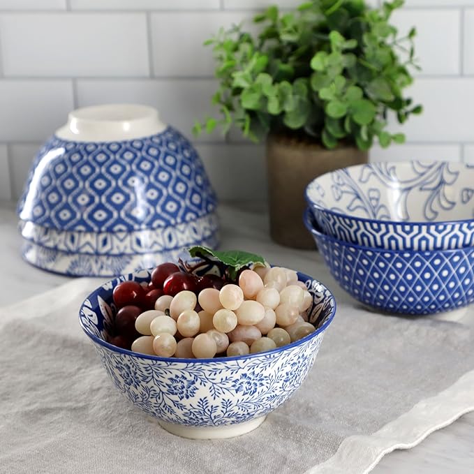 Elama Moxy 6 Piece Assorted Design 20 Ounce Porcelain Footed Blue Bowl Set Cereal Bowls Ice cream Bowls Serveware Tableware Set Dinnerware Set (Moxy)