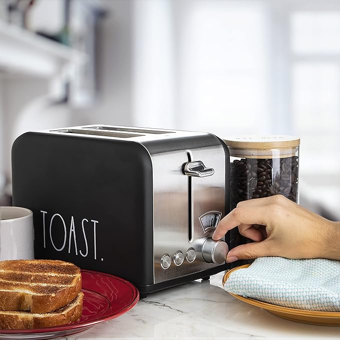 Rae Dunn Toaster Stainless Steel 2 Slice Square Toaster Wide Slot with 5 Browning Levels with Bagel Defrost and Cancel Options (Black)