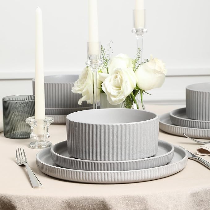 Stone Lain Haven Stoneware 16-Piece Dinnerware Set Grey -Plates and Bowls Sets for 4 Dish Set Includes Dinner and Salad Plates Pasta and Cereal Bowls Microwave &amp Dishwasher Safe