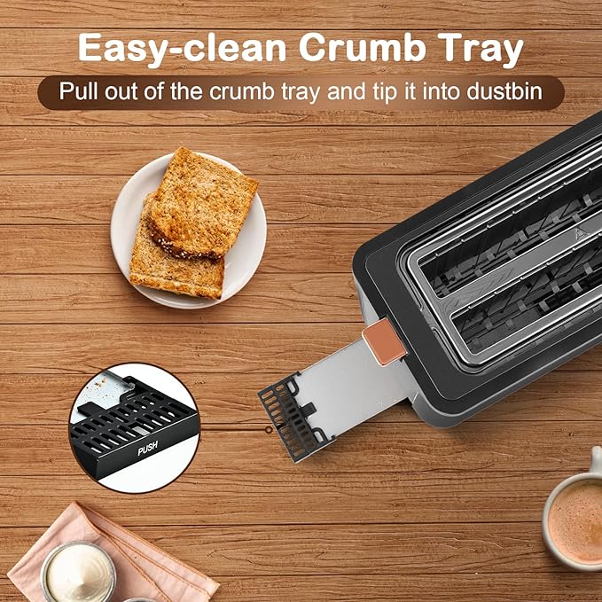 Mecity 4 Slice Toaster Long Slot Toaster With Warming Rack Timer Bagel Defrost Reheat Functions Crumb Tray 6 Browning Settings Extra Wide Long Slots Stainless Steel 1300W Grey