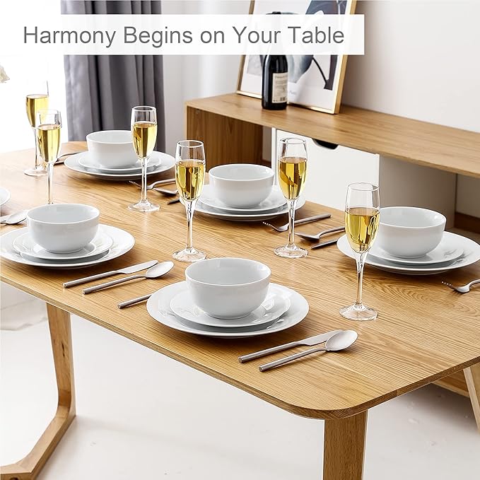 VEWEET Dinner Service 18-Piece Porcelain Tableware Set Basic Series with 6 Cereal Bowls Dessert Plates and Flat Plates for 6 People