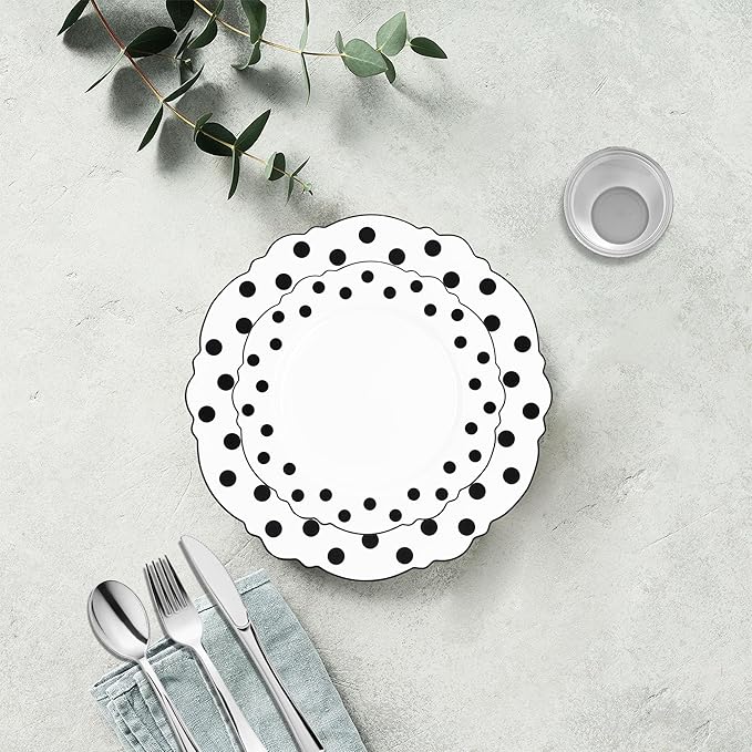 Smarty Had A Party Disposable Dinnerware Set 240 Pcs White with Black Dots Design 120 Dinner and 120 Salad Plates Heavy Duty Tableware for Weddings and Parties