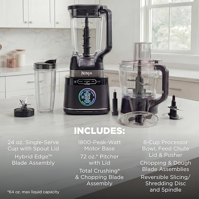 Ninja Kitchen System | All-in-One Food Processor &amp Blender | 8-Cup Bowl &amp (1) 24 oz. To-Go Cup BlendSense Tech | For Smoothies Cookie Dough Salsas Cole Slaw &amp More | 1800 Peak Watt | Bl