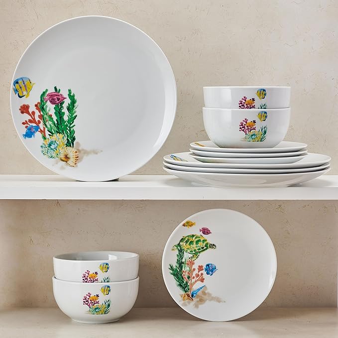 Studio Nova Coastal Ocean Underwater Life 12 Piece Dinnerware Plate Bowl Set Service for 4