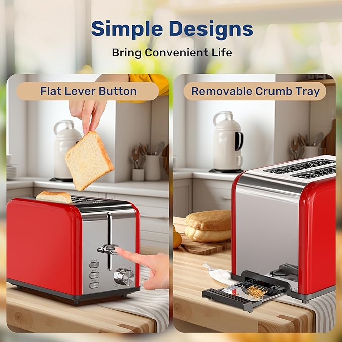 YSSOA 2-Slice Toaster with 6 Browning Setting and 3 Function Extra Wide Slot &amp Removable Crumb Tray Retro Stainless-Steel Style for Bread &amp Waffle Red