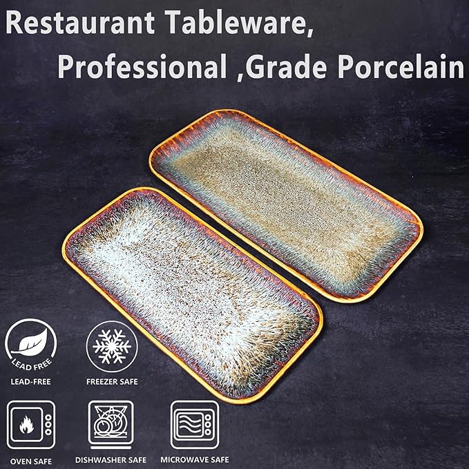Porcelain Dinner Plates Platters Set of 2 for Fruit dessert snack platter Bread cupcake Salad - Microwave Dishwasher Safe Scratch Resistant durable Brown Reactive glaze