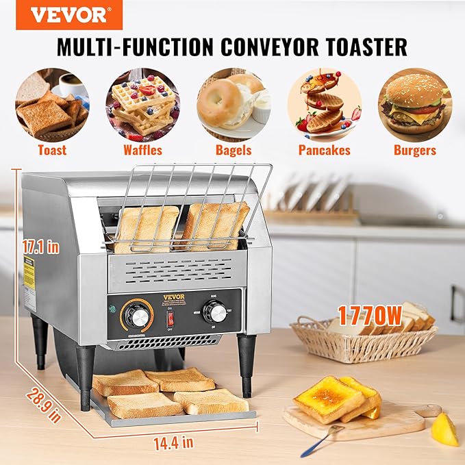 VEVOR Commercial Conveyor Toaster 300 Slices/Hour Heavy Duty Stainless Steel Electric Restaurant Toaster for Toast Bun Bagel Bread