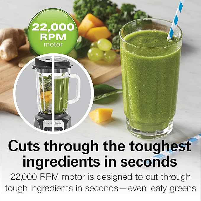 Hamilton Beach PowerMax Professional-Performance Blender for Shakes and Smoothies Puree and Ice Crush 48oz BPA-Free Glass Jar 1680 Peak Watts Stainless Steel Blades Gray (58600J)