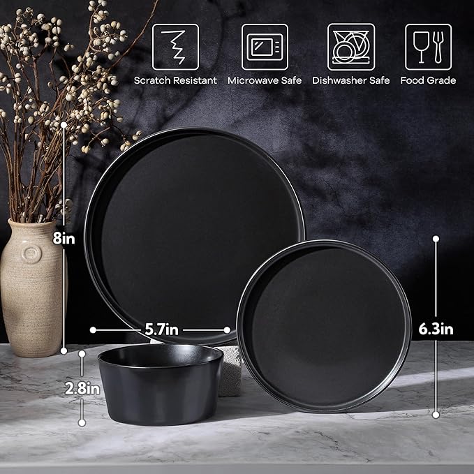 Vesteel Dinnerware Sets for 4 12Pcs Stoneware Plates and Bowls Sets Elegant Tableware set for Home Restaurant Chip &amp Scratch Resistant Dishes Set Black