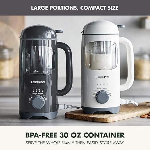GreenPan Nut Milk Maker 15-in-1 Homemade Soy Almond Oat Coconut Non-Dairy Rice Soup Baby Food BPA-Free Smooth Creamy Texture Self Clean Barista Quality Milk Delay Start Boil Water Gray